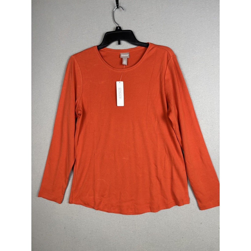 Chico's Shirt Womens 2 Ambercup Orange Lynn Scoop Neck Long Sleeve Basic Tee Top